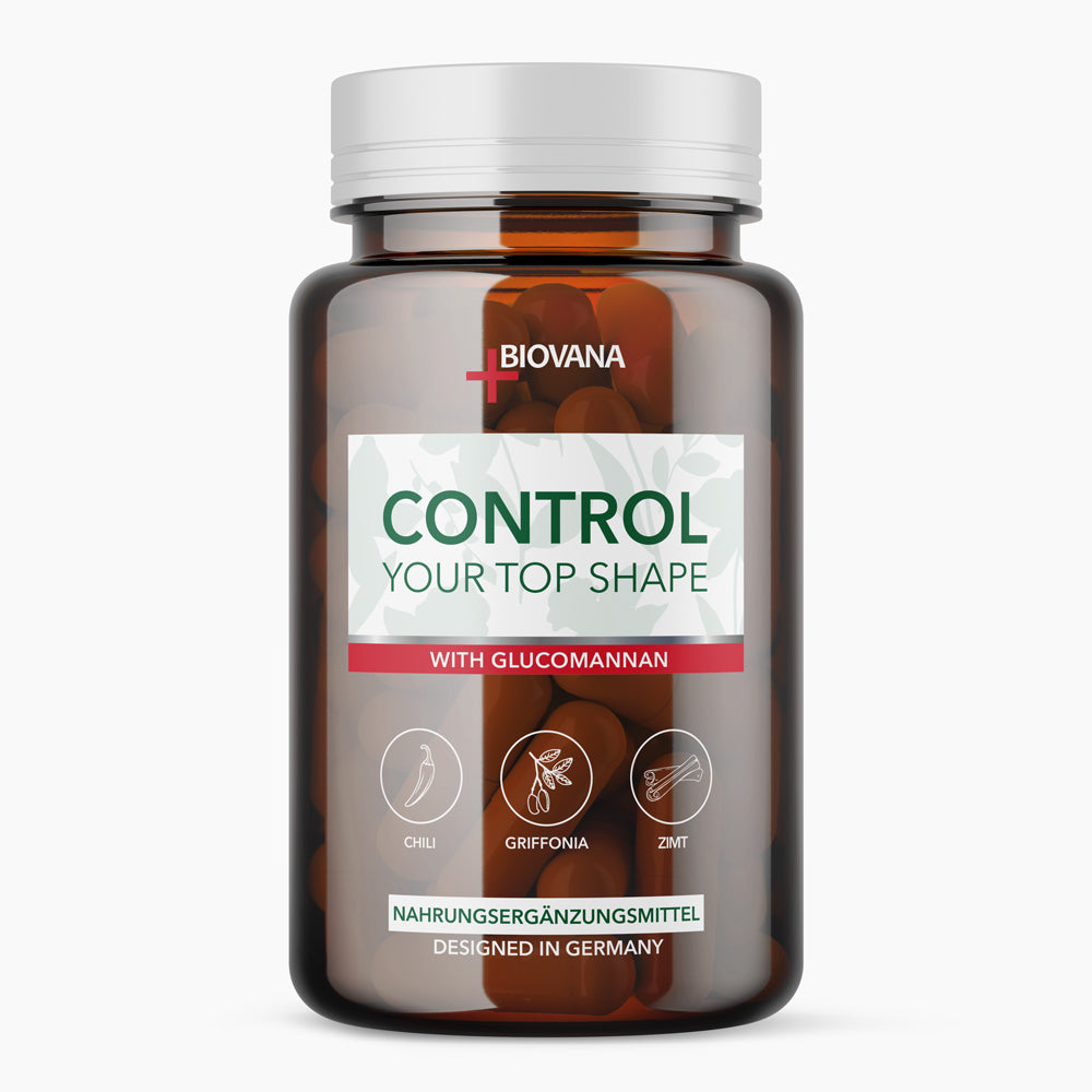 Braune Flasche mit weißem Etikett Biovana Control Your Top Shape mit Glucomannan