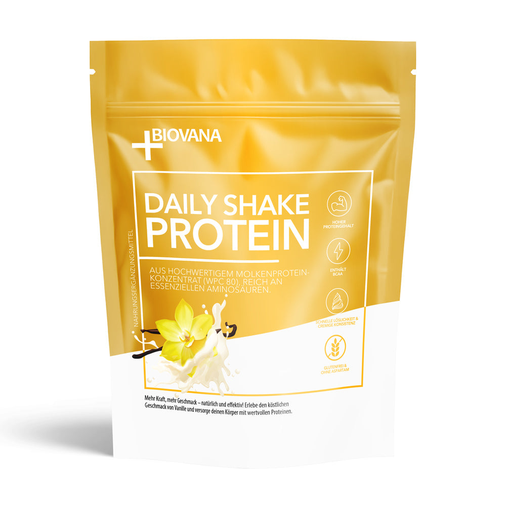 Gelbe Beutelverpackung mit Schrift DAILY SHAKE PROTEIN und Vanilleblüte