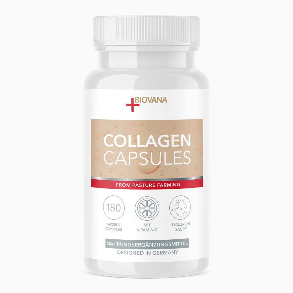 Weiße Kunststoffdose mit beigem Etikett Collagen Capsules Biovana mit 180 Kapseln