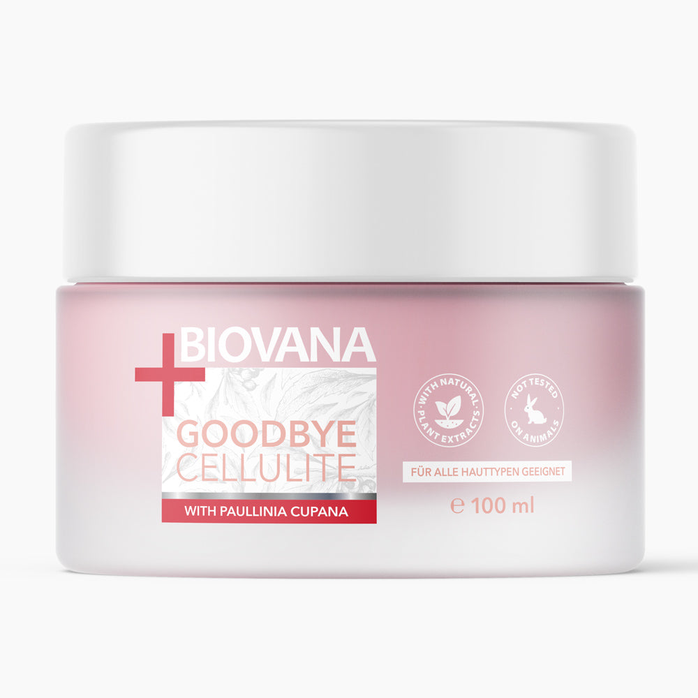 Rosa-weiße Kunststoffdose mit Schrift BIOVANA GOODBYE CELLULITE und 100 ml Angabe
