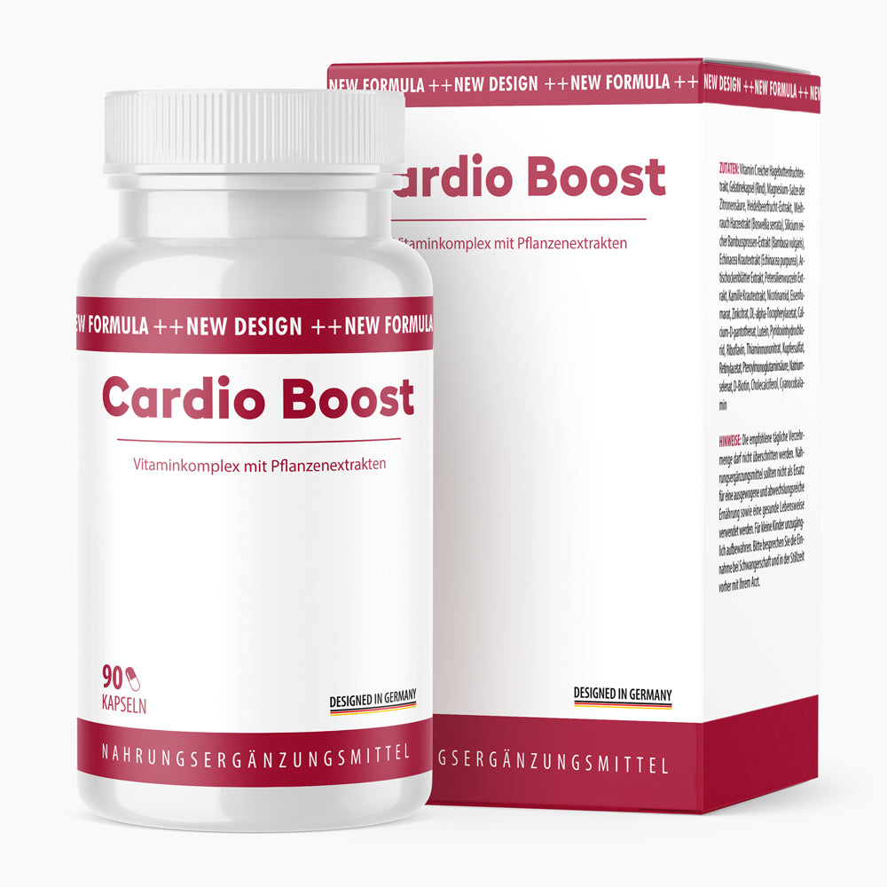 Weiße Kunststoffdose mit rotem Etikett Cardio Boost, 90 Kapseln vor passender Faltschachtel