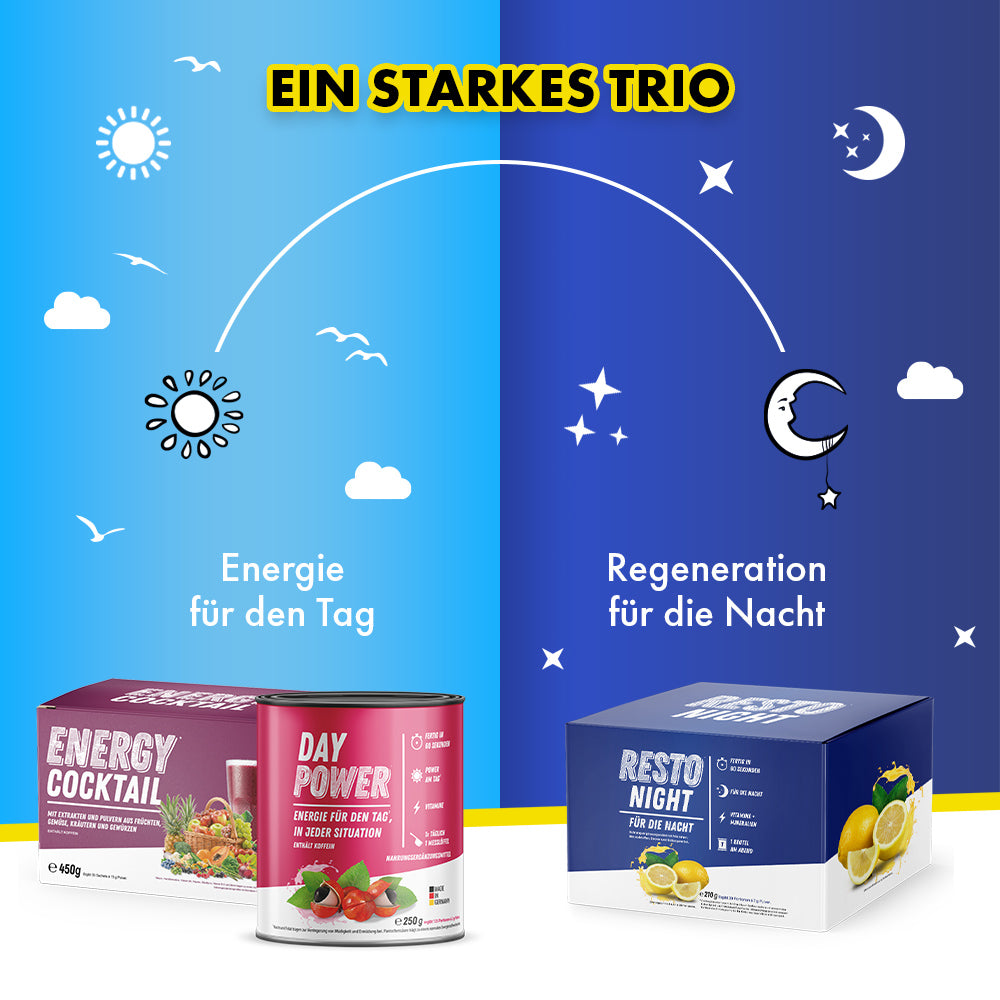 Ein Starkes Trio, Energie für den Tag: Dose Day Power und Dose Energy Cocktail. Regeneration für die Nacht: Dose Resto Night