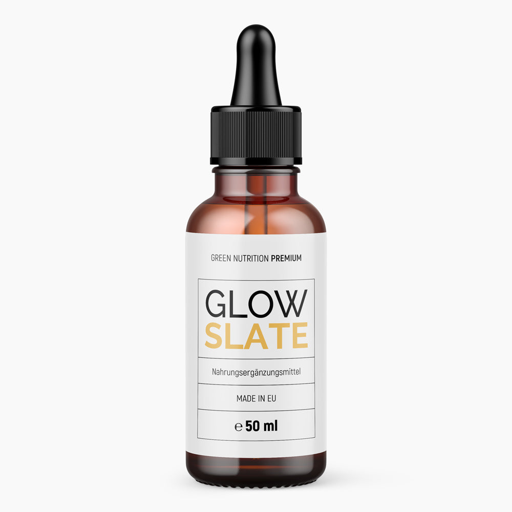 Braunglasflasche mit Pipette, Etikett GLOW SLATE, Nahrungsergänzungsmittel, 50 ml, Made in EU