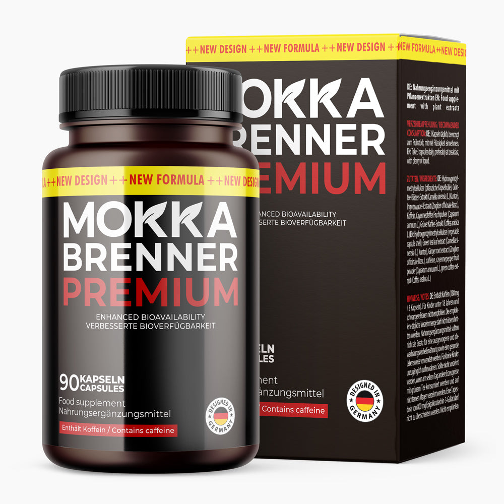 Dose Mokka Brenner Premium mit schwarzem und rotem Etikett 90 Kapseln vor passender Verpackung