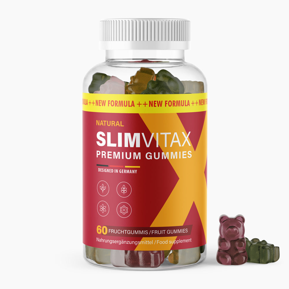 Klare Kunststoffdose mit rotem Etikett Slimvitax Premium Gummies 60 Fruchtgummis und sichtbaren Gummibärchen