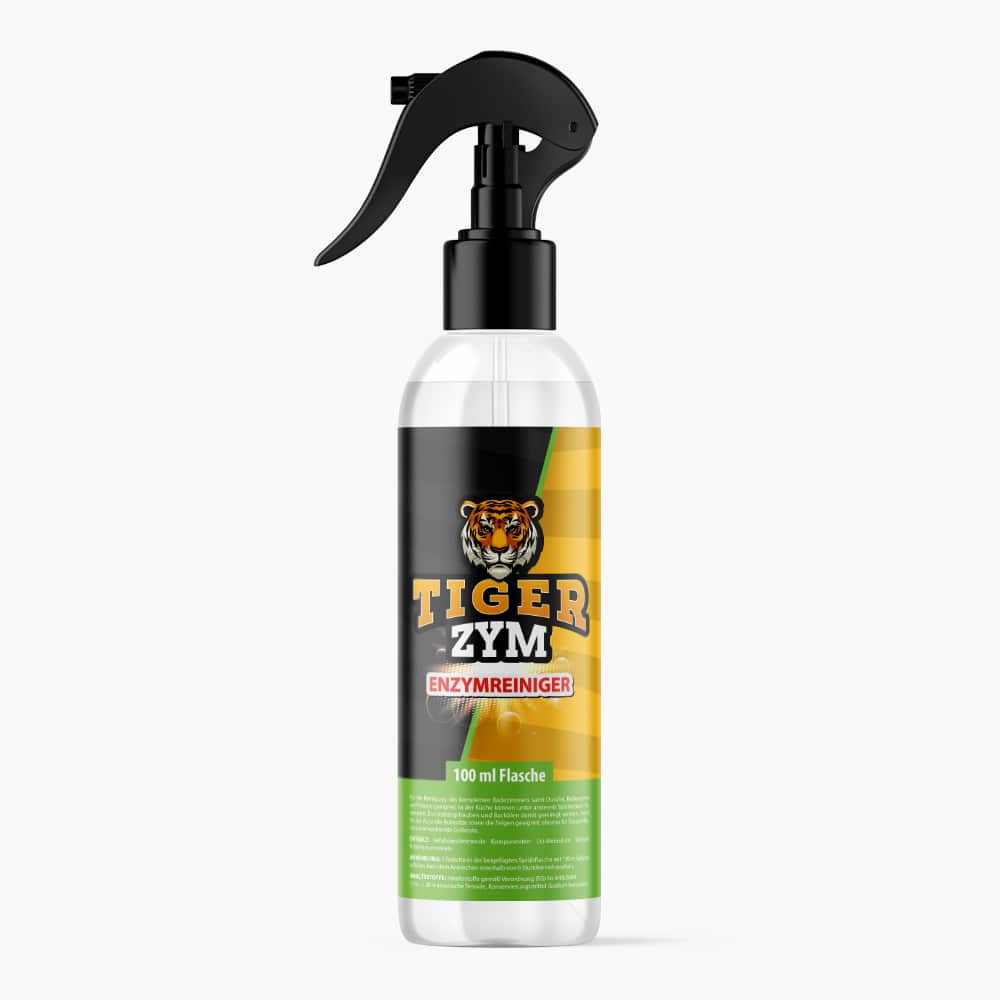 Klare Sprühflasche TIGER ZYM Enzymreiniger mit schwarzem Sprühkopf und Tigerkopf-Logo