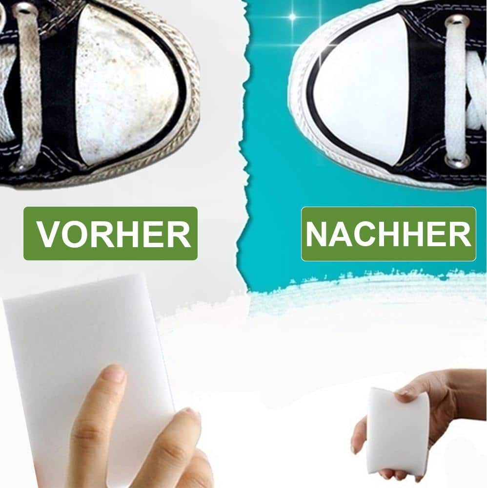 Schmutziger Schuh vor und nach der Reinigung mit Schwamm, Vorher-Nachher-Effekt deutlich sichtbar
