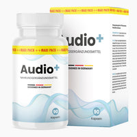 Thumbnail for Dose mit Aufdruck Audio Plus mit 90 Kapseln und Faltschachtel im gleichen Design mit geschwungener Linie