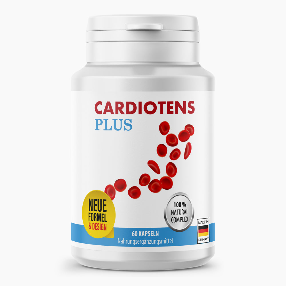 Weiße Dose mit Cardiotens Plus Schriftzug, 60 Kapseln und grafischer Darstellung roter Blutzellen