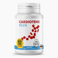 Thumbnail for Weiße Dose mit Cardiotens Plus Schriftzug, 60 Kapseln und grafischer Darstellung roter Blutzellen