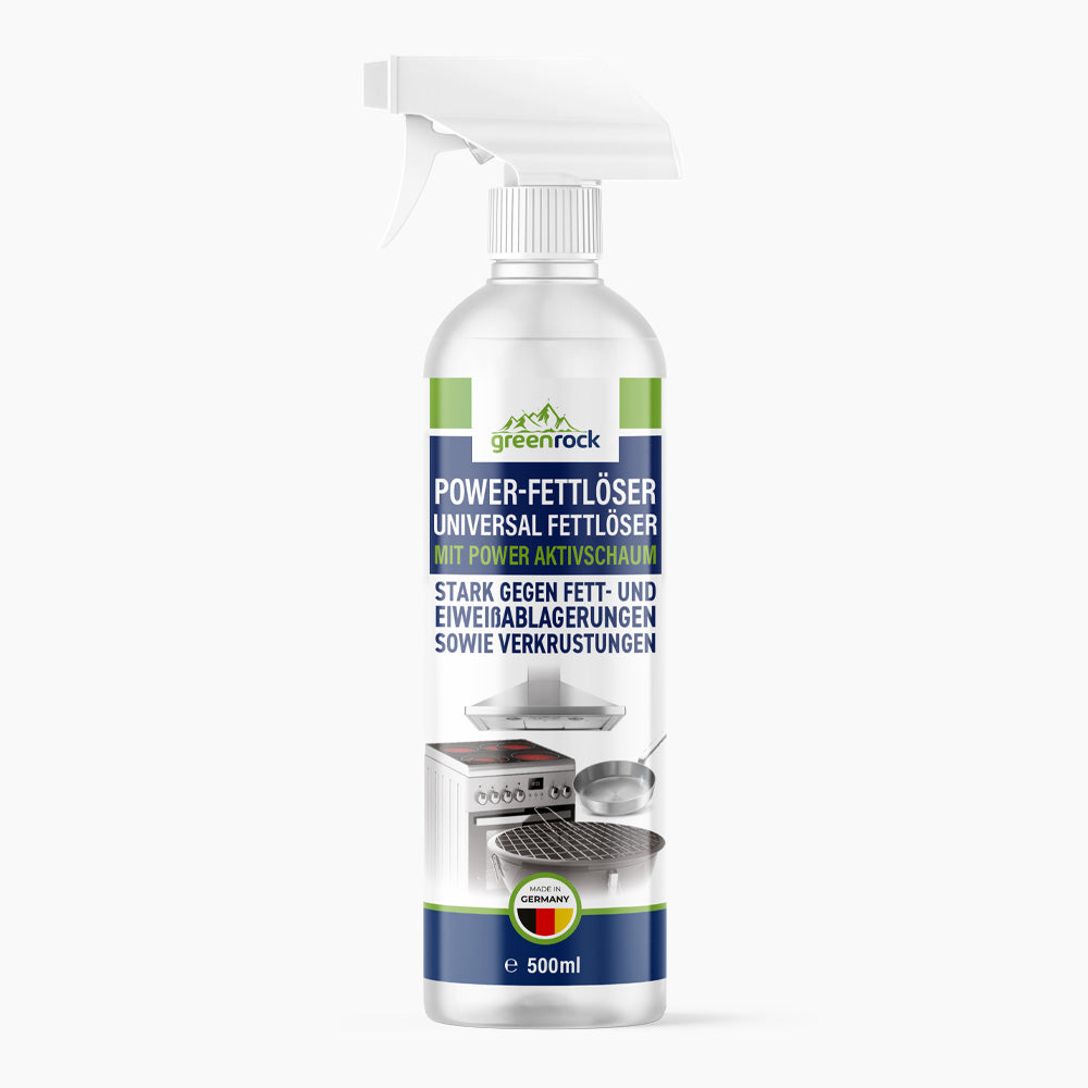 Sprühflasche mit grün-blauem Etikett und Symbolen von Herd, Dunstabzugshaube und Grillrost