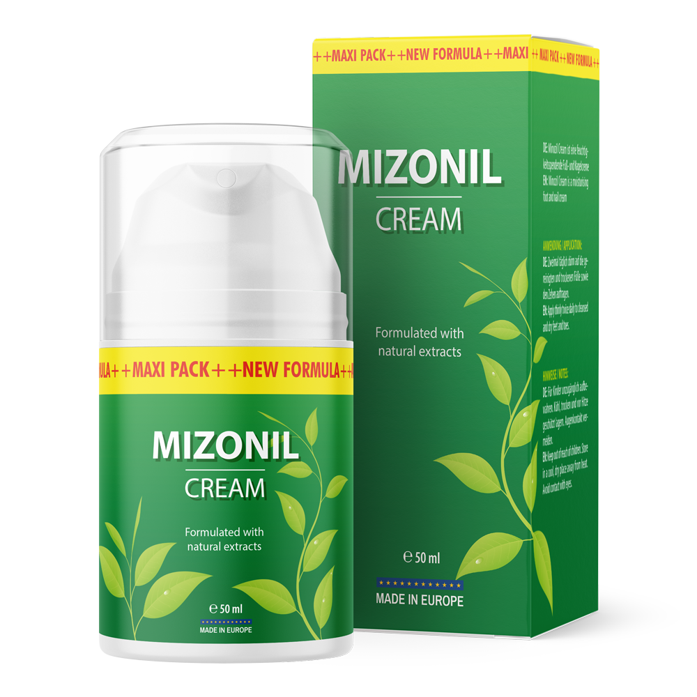 Spenderflasche mit grünem Etikett Mizonil Cream, 50 ml vor passender Faltschachtel mit Pflanzenmotiv
