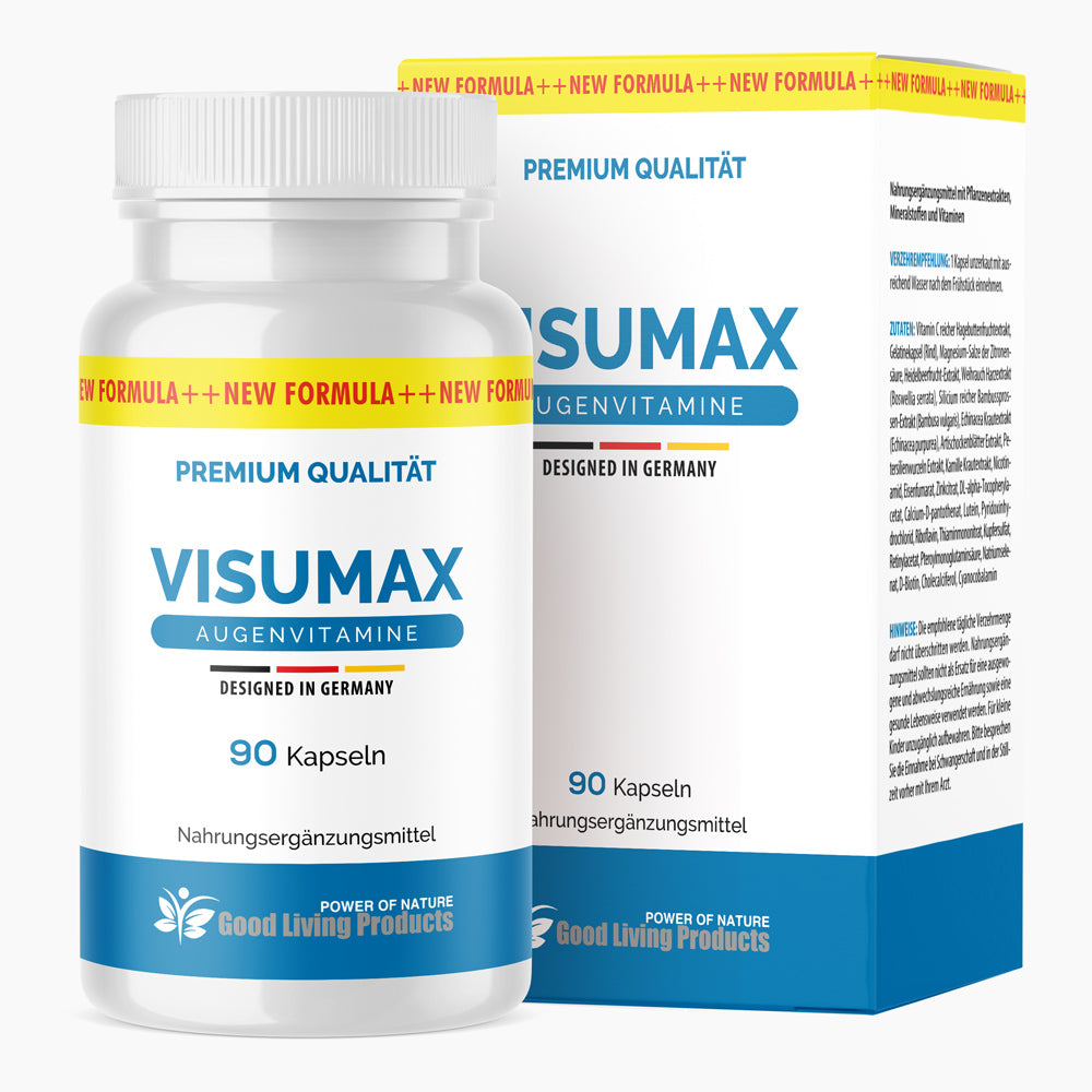 Weiße Kunststoffdose mit Schrift VISUMAX AUGENVITAMINE, 90 Kapseln und Designed in Germany