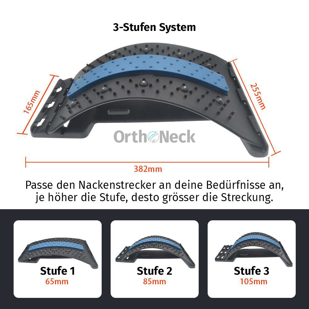 Verstellbare Rückenhilfe mit blauer Auflage, Stufenhöhe 65 mm, 85 mm und 105 mm, Länge 382 mm