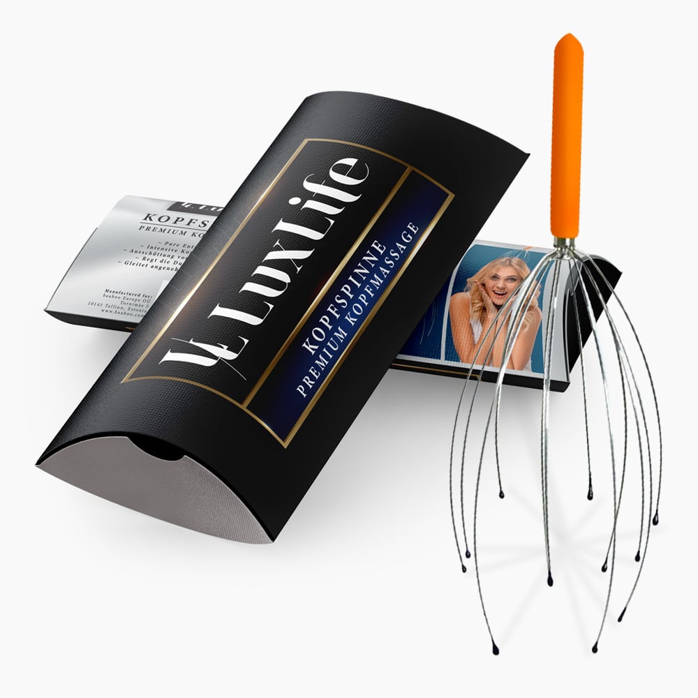 Kopfmassagegerät mit mehreren Drähten, orangefarbenem Griff und LuxLife-Verpackung