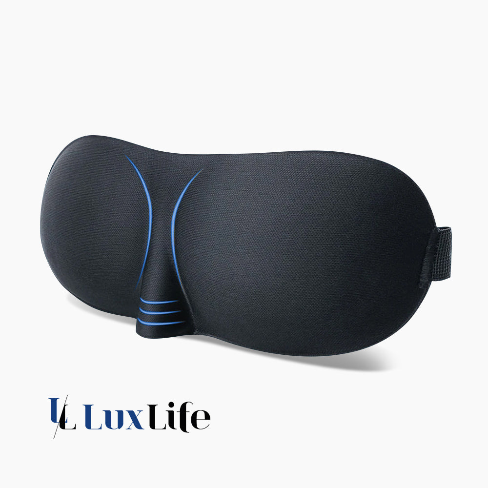 Schwarze Augenmaske mit blauen Linien und seitlichem Gummiband vor weißem Hintergrund