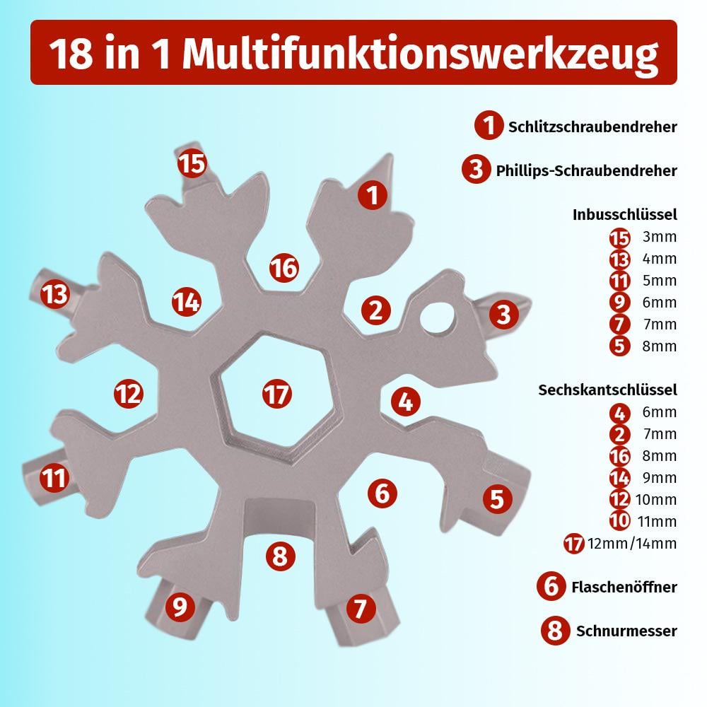 KleinerMeister 18-in-1 Schneeflocken Multifunktionswerkzeug (6x6x1 cm, 100g) - Einfache Bedienung