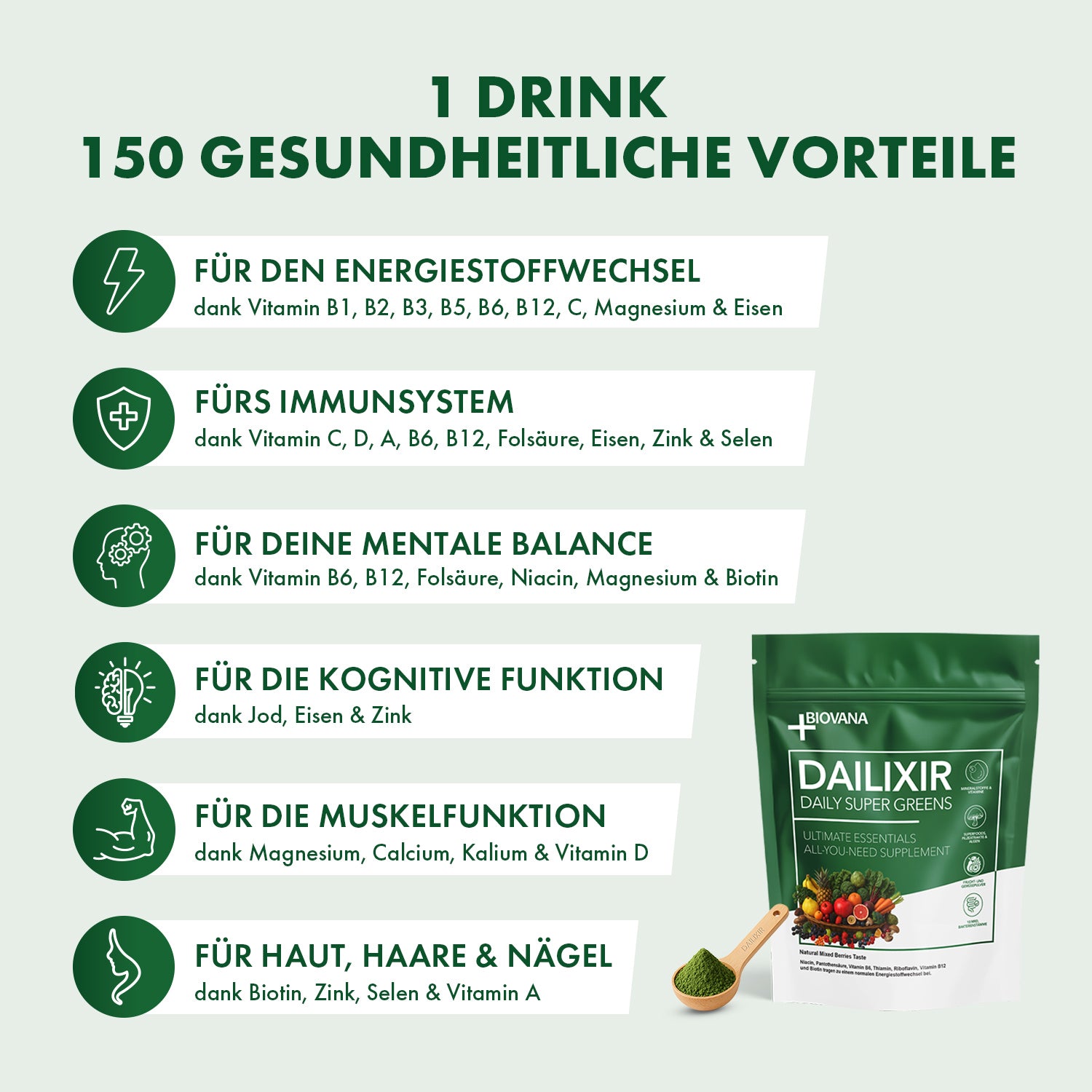 Grüner Beutel Dailixir Daily Super Greens mit Holzlöffel und Pulver neben Gesundheitsangaben