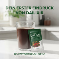 Thumbnail for Glas mit Drink neben Dailixir-Packung mit Obstabbildung, Text Dein erster Eindruck von Dailixir