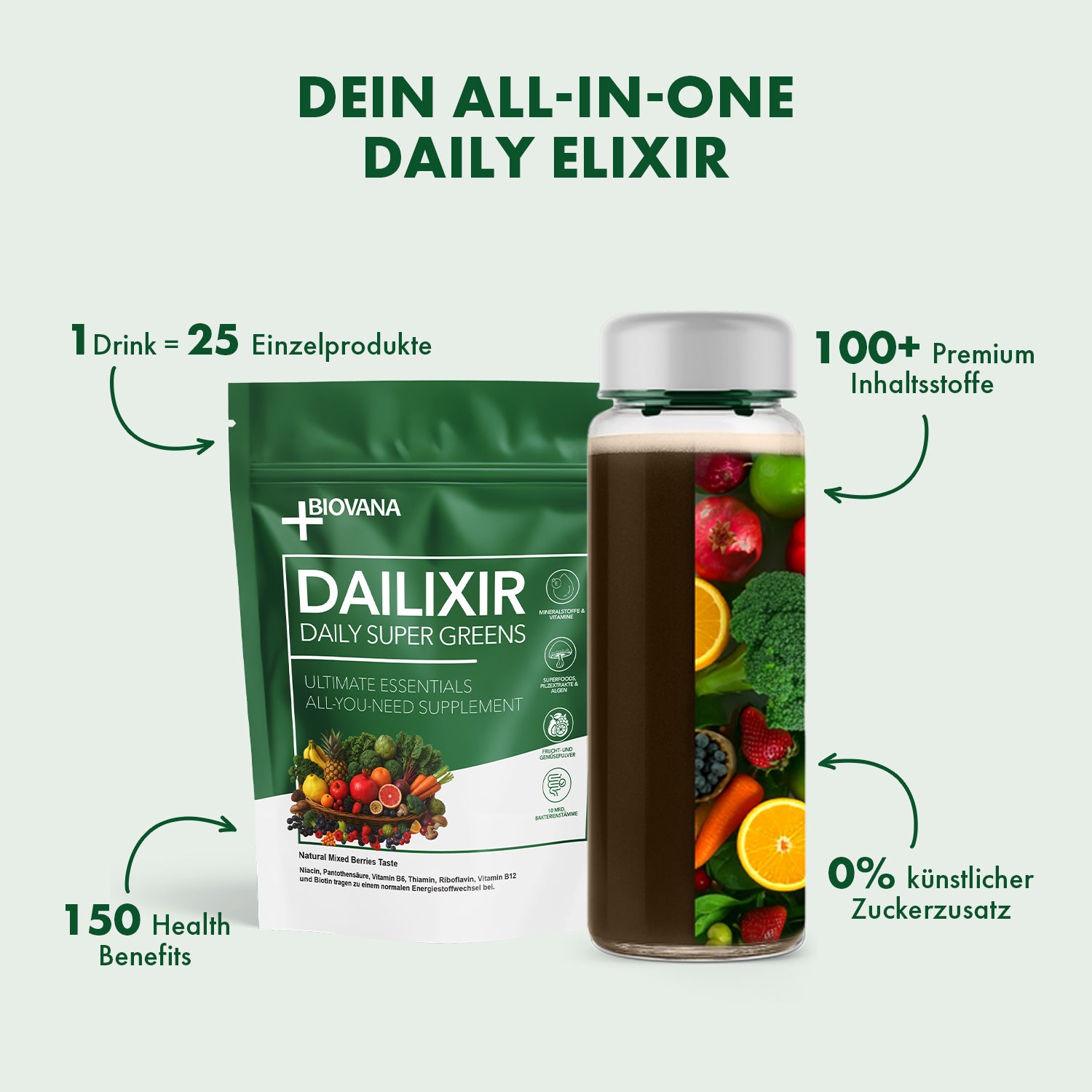 Grün-weiße Dailixir Verpackung Daily Super Greens neben Flasche mit braunem Getränk und Früchten