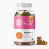 Thumbnail for Klare Kunststoffdose mit pinkem Etikett SG Premium mit 60 Fruchtgummis und sichtbaren Gummibärchen daneben