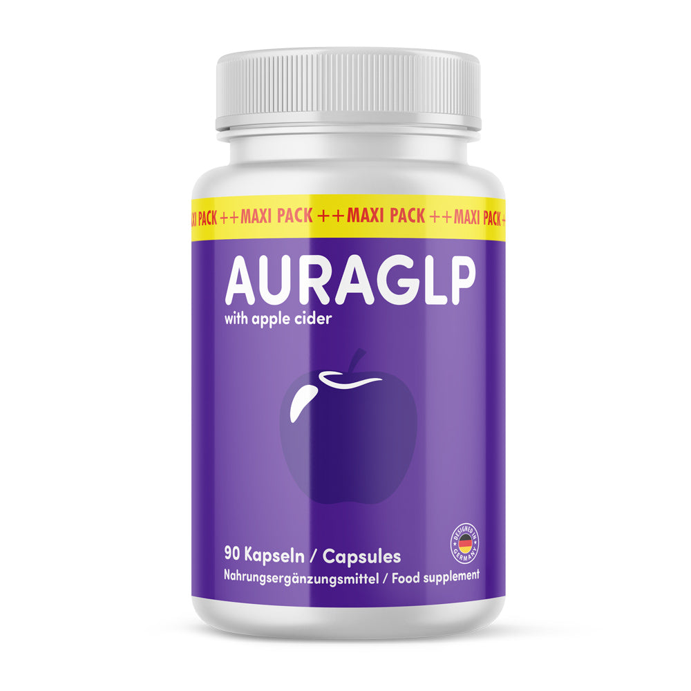Kunststoffdose mit Schrift Auraglp with apple cider, 90 Kapseln, lila Etikett mit abgebildetem Apfel