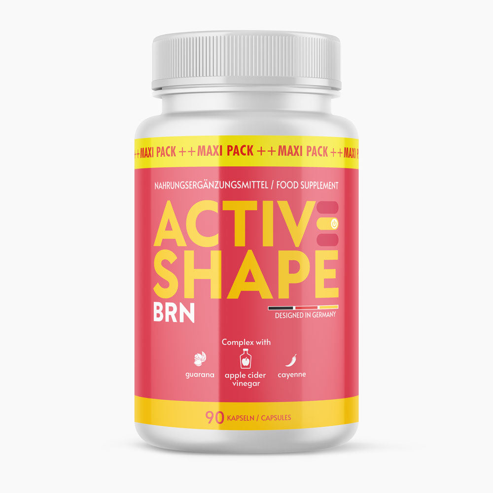 Weiße Dose Activ Shape BRN Nahrungsergänzungsmittel mit rotem Etikett und 90 Kapseln