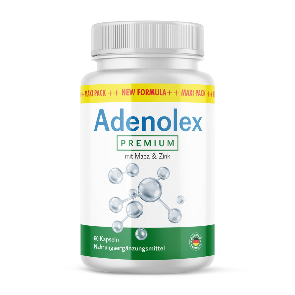 Weiße Kunststoffdose mit grünem Etikett und Schrift Adenolex Premium mit Maca und Zink 60 Kapseln
