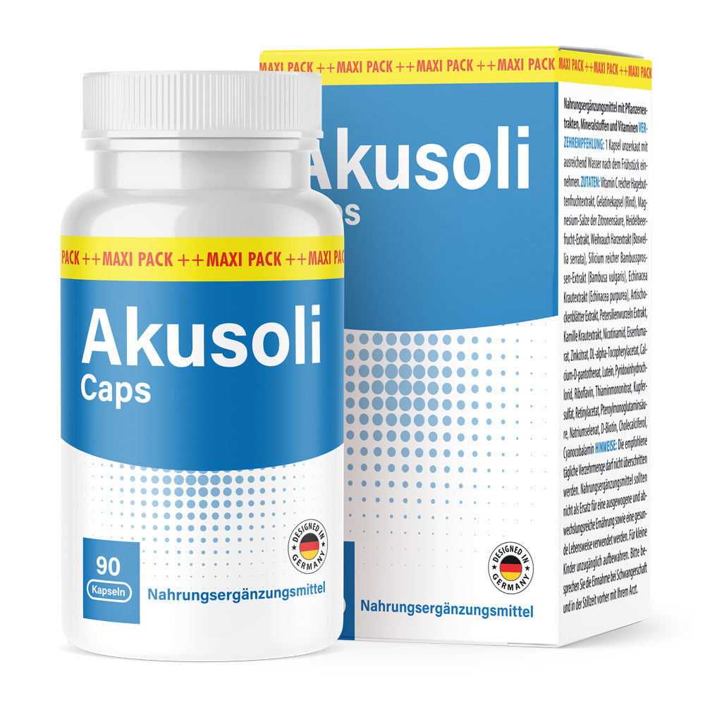 Weiße Kunststoffdose mit blauem Etikett Akusoli Caps 90 Kapseln vor passender Faltschachtel mit Punktmuster
