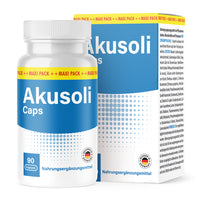 Thumbnail for Weiße Kunststoffdose mit blauem Etikett Akusoli Caps 90 Kapseln vor passender Faltschachtel mit Punktmuster