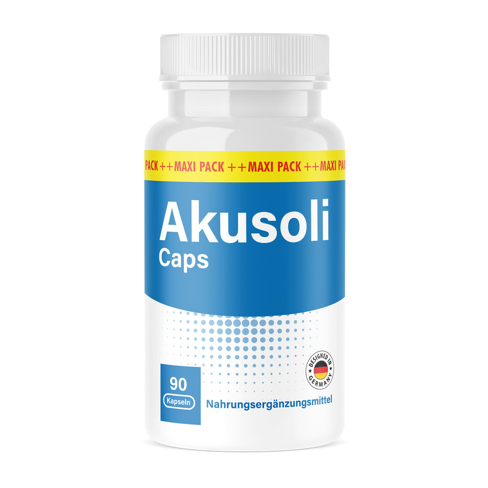 Weiße Kunststoffdose mit blauem Etikett Akusoli Caps 90 Kapseln