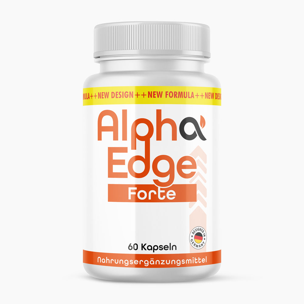 Weiße Kunststoffdose mit orangefarbenem Etikett Alpha Edge Forte 60 Kapseln