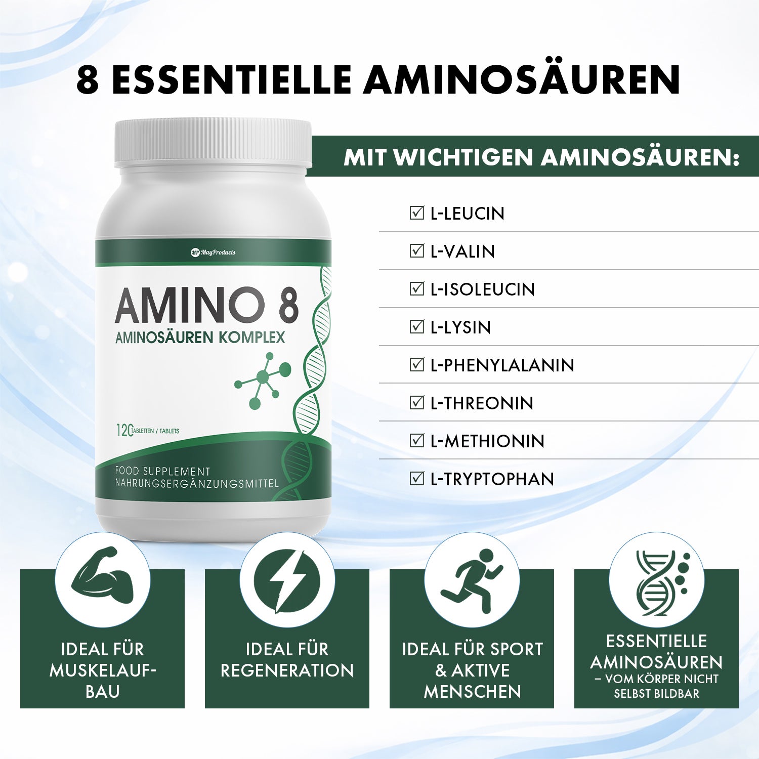 AMINO 8 Aminosäuren Komplex mit Text zu 8 essentiellen Aminosäuren und vier Symbolfeldern