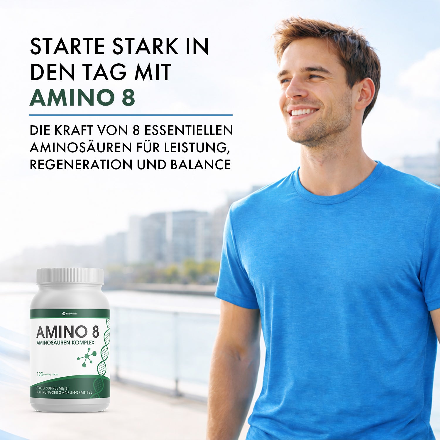 Mann in blauem T-Shirt neben AMINO 8 Dose mit Text zu Aminosäuren Komplex