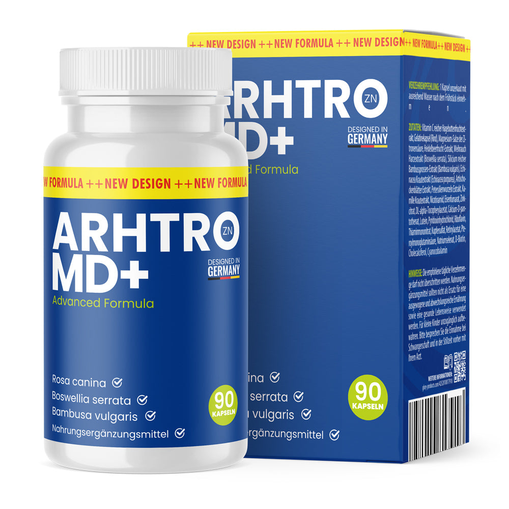 Weiße Kunststoffdose mit blauem Etikett Arhtro MD+ Advanced Formula 90 Kapseln vor passender Faltschachtel