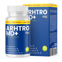 Thumbnail for Weiße Kunststoffdose mit blauem Etikett Arhtro MD+ Advanced Formula 90 Kapseln vor passender Faltschachtel