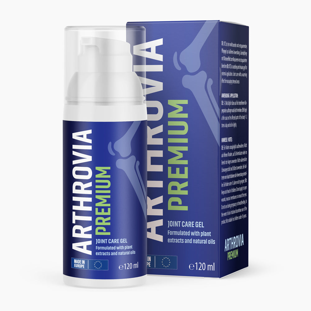 Joint Care Gel Arthrovia Premium als Pumpspender vor der blauen Produktverpackung mit 120 ml