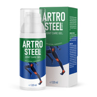 Thumbnail for Flasche mit Pumpspender und grün-blauem Etikett Artro Steel Forte Joint Care Gel 120 ml vor passender Faltschachtel