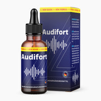 Thumbnail for Braune Flasche mit Pipette und Schrift Audifort, blaues Etikett mit Schallwellen vor passender Faltschachtel