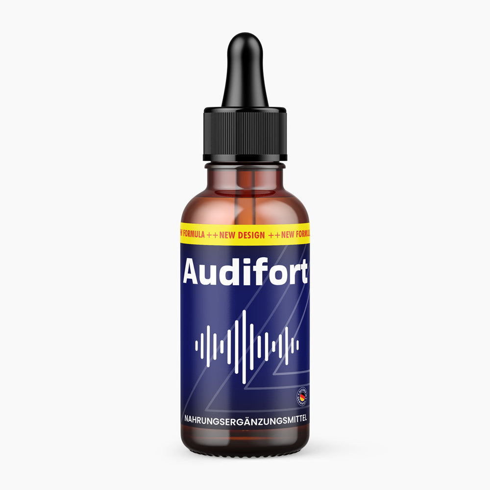 Braune Flasche mit Pipette und Schrift Audifort, blaues Etikett mit weißem Schallwellen-Symbol