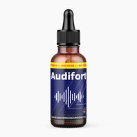 Thumbnail for Braune Flasche mit Pipette und Schrift Audifort, blaues Etikett mit weißem Schallwellen-Symbol