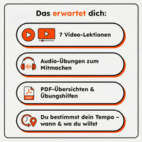 Thumbnail for Übersicht der Kursinhalte mit Symbolen zu Videos, Audio-Übungen, PDFs und Lernflexibilität