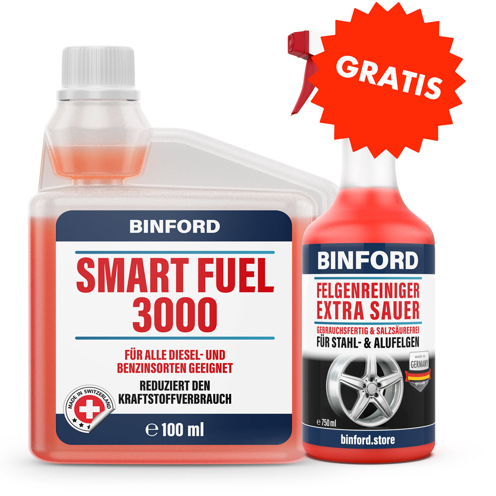 Produktset mit Binford Smart Fuel 3000 (100 ml) und gratis Felgenreiniger (750 ml)