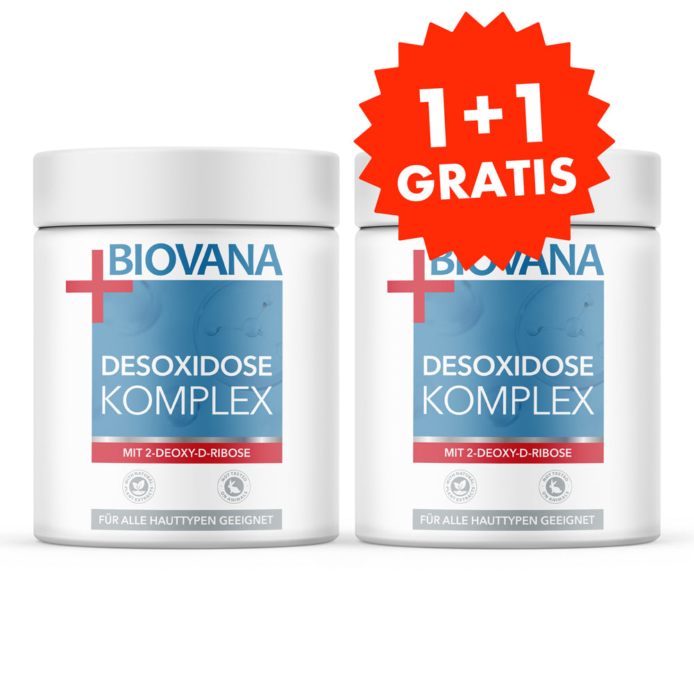 Zwei weiße Dosen BIOVANA Desoxidose Komplex mit rotem Hinweis 1+1 gratis auf weißem Hintergrund
