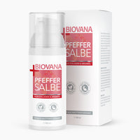 Thumbnail for Biovana Pfeffer Salbe 100 ml Flasche mit Pumpspender vor passender Faltschachtel