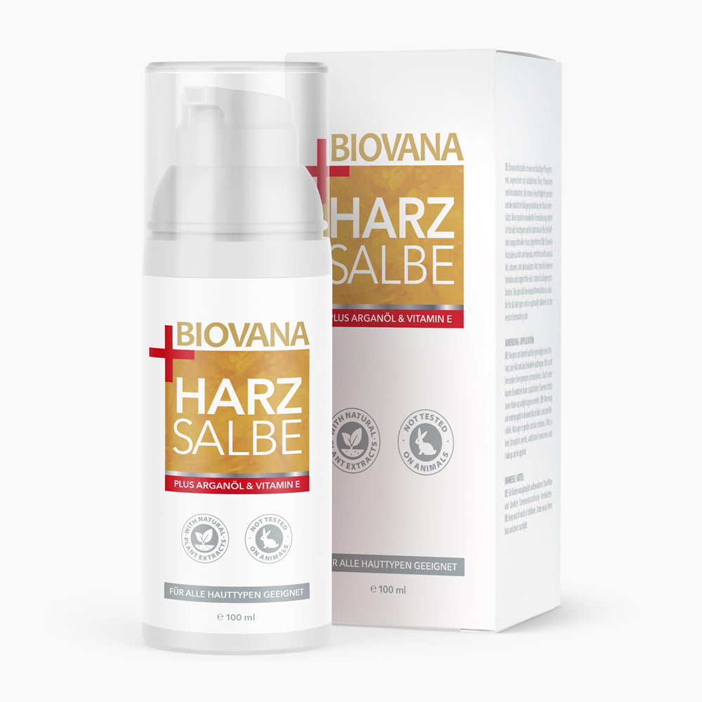 Biovana Harz Salbe 100 ml Flasche mit Pumpspender und zwei Siegeln vor passender Faltschachtel