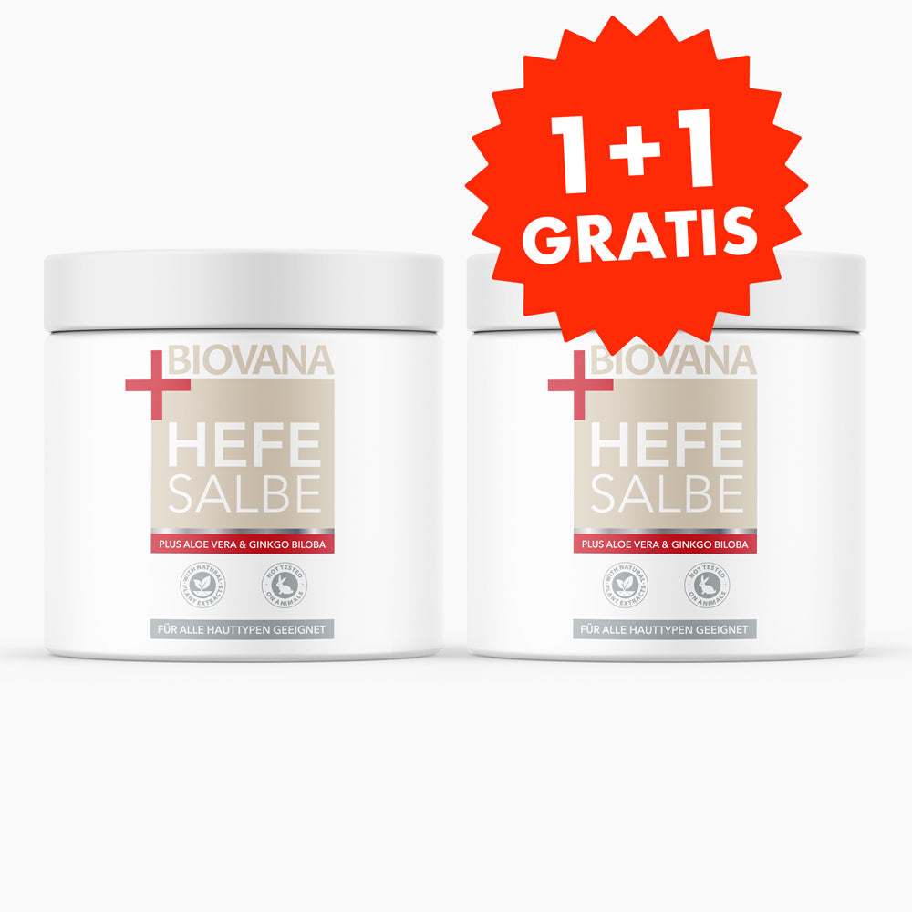 Zwei weiße Dosen BIOVANA Hefesalbe mit Aloe Vera und Ginkgo Biloba sowie rotem Hinweis 1+1 gratis
