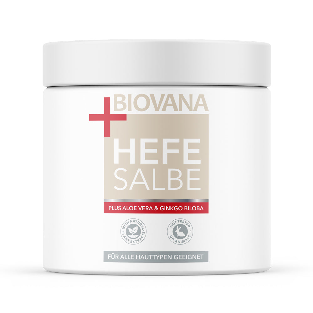 Weiße Dose BIOVANA HEFE SALBE+ mit 200 ml und Aufschrift Plus Aloe Vera und Ginkgo Biloba