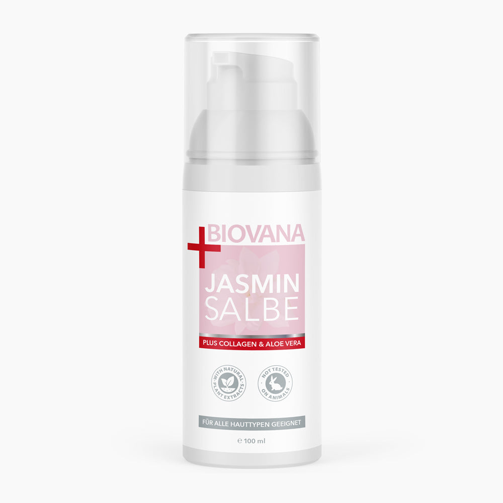 Flasche mit Pumpspender und Schrift Biovana Jasmin Salbe plus Collagen und Aloe Vera 100 ml
