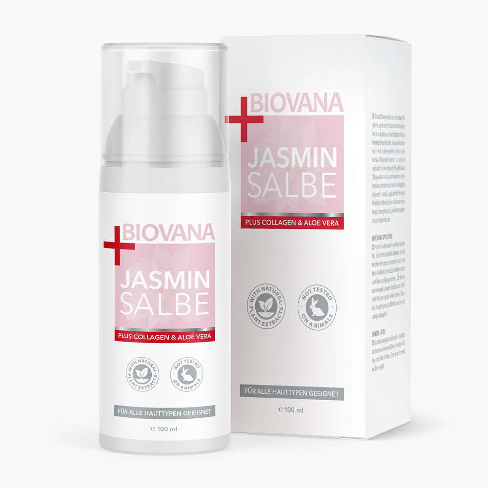 Biovana Jasmin Salbe 100 ml Flasche mit Pumpspender vor passender Faltschachtel